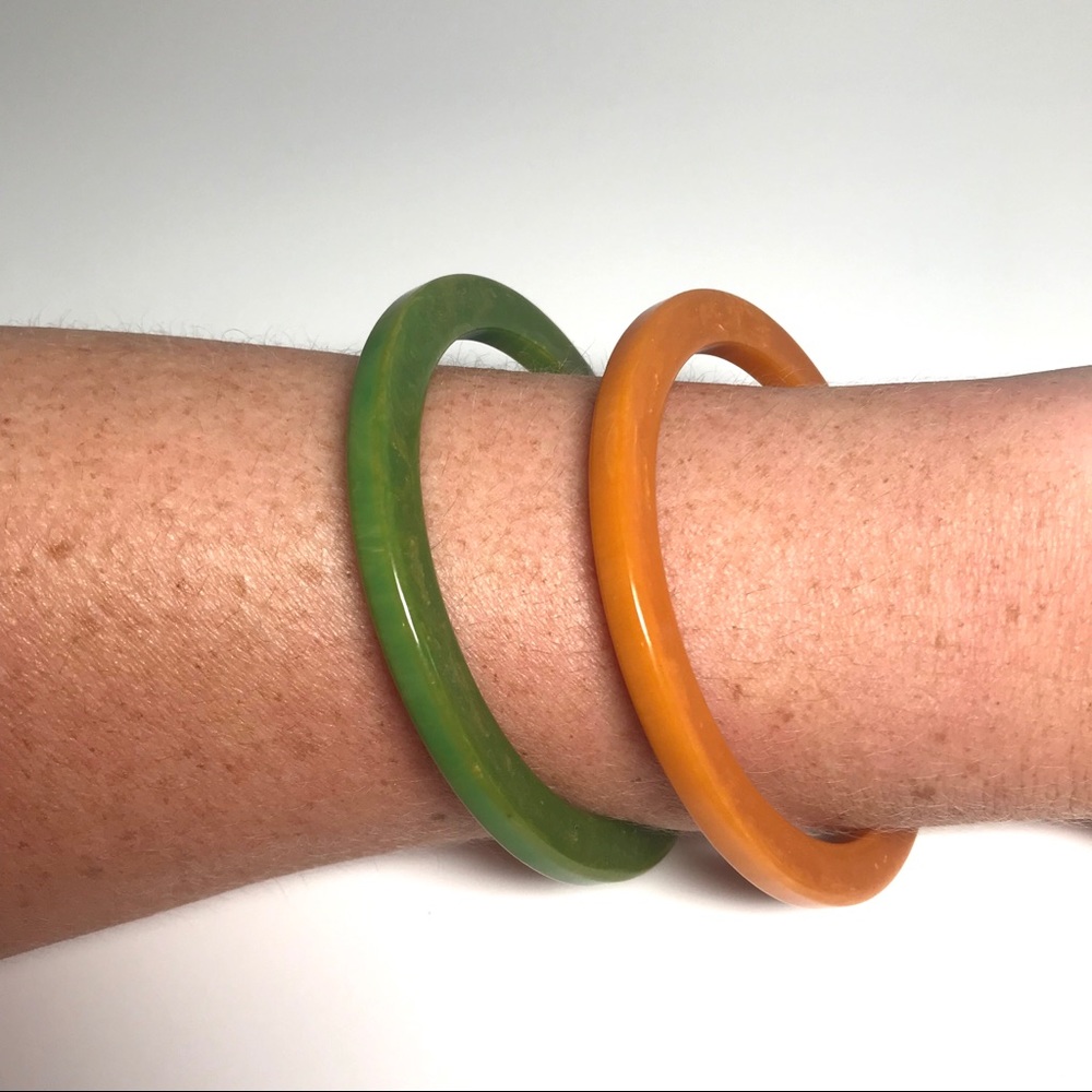 Bakelite Bangle Set 4MM Marbled Green & Mustard